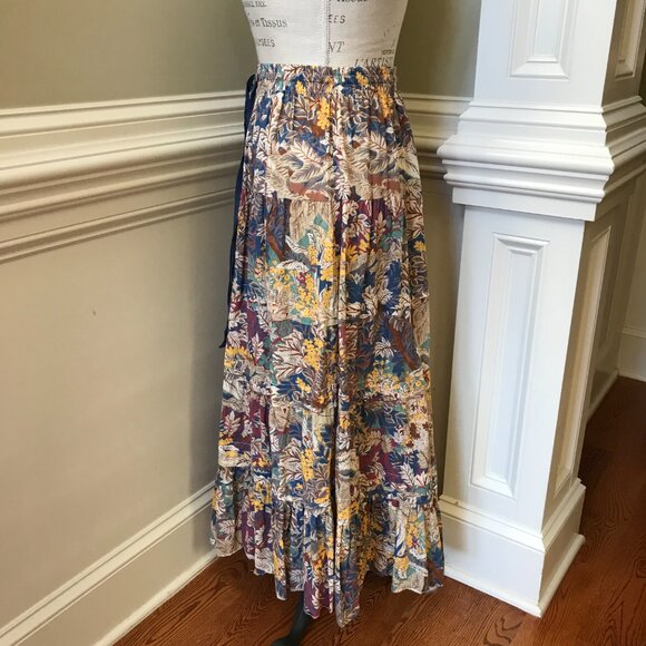 The Great Pastoral Tiered Maxi Skirt Womens 2 Small Blue Yellow Canopy Leaf - Picture 12 of 14